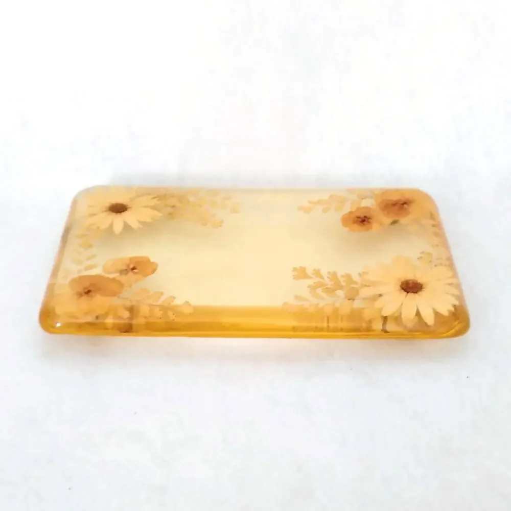 Vintage Yellow Resin Dried Flowers Bathroom Footed Vanity Tray Trinket Display